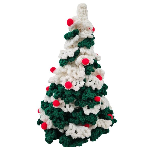 Vintage Crochet Christmas Tree Gree White Yarn Hand Crafted Tree Topper Decor - Picture 4 of 10